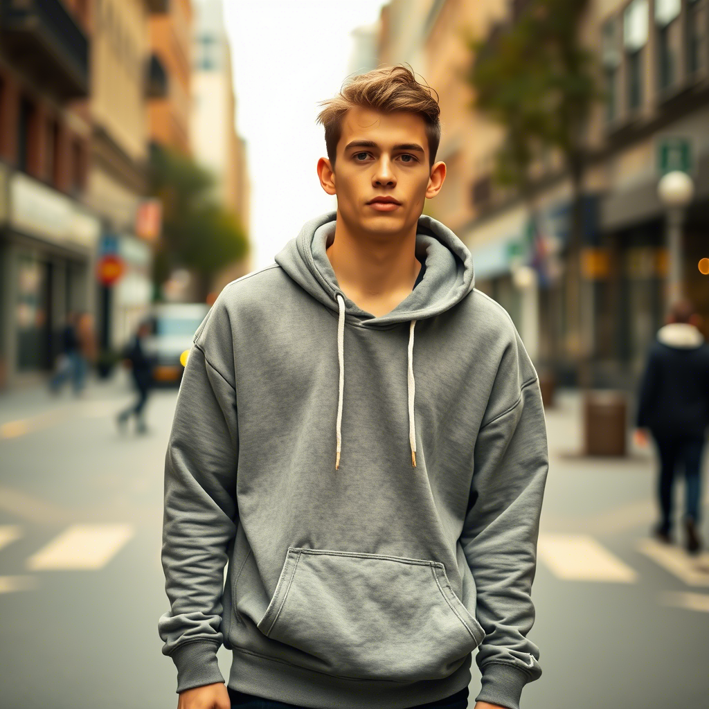 Young man wearing oversized hoodie walking down city street