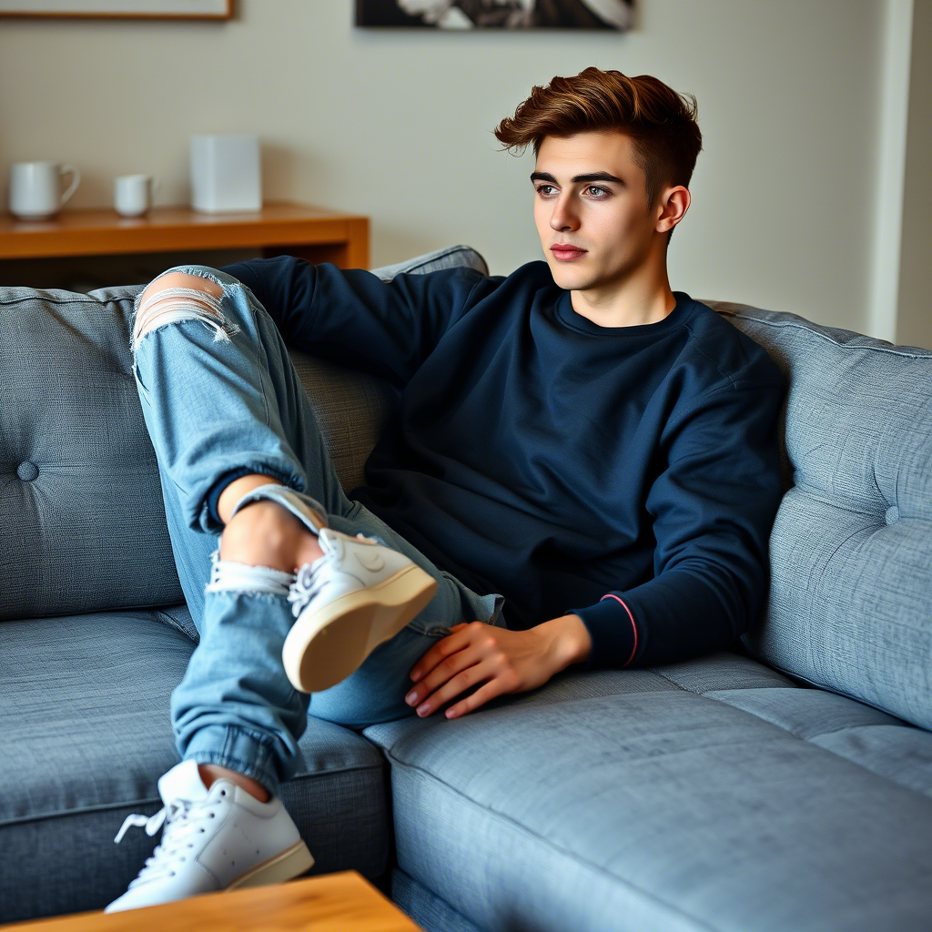 Young man wearing ripped jeans and sweatpants lounging on a couch
