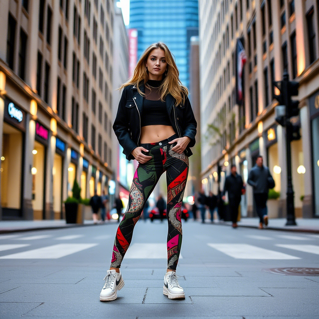 Young model posing in trendy leggings on a city street