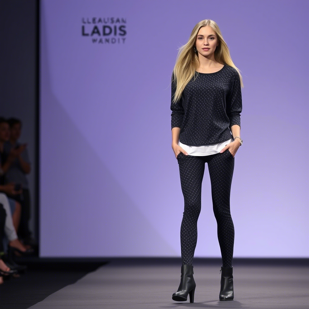 Young model showcasing stylish wholesale leggings on a catwalk