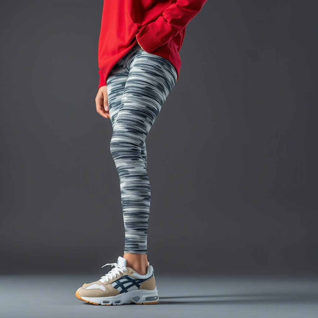Young model showcasing textured leggings with trendy sneakers