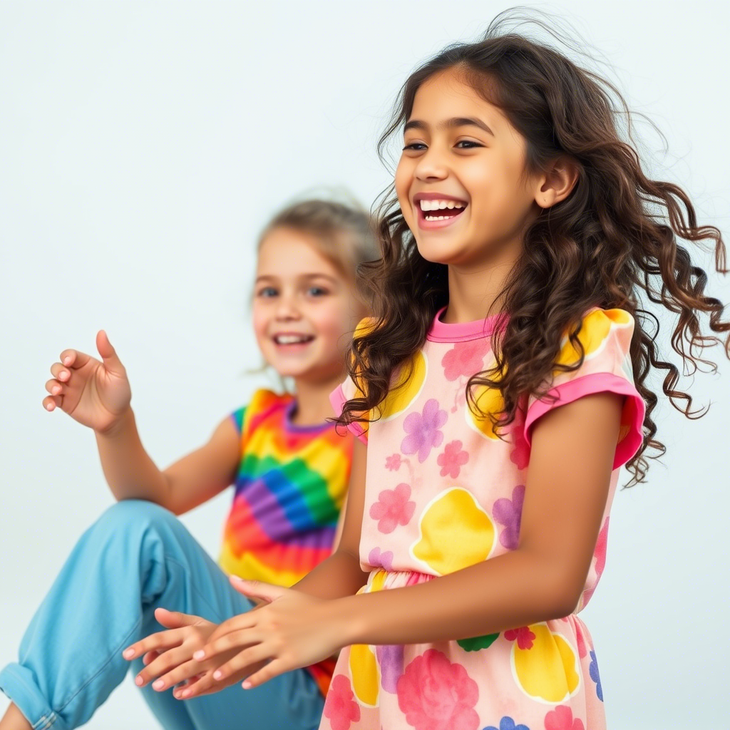 Young models happily playing in colorful kids’ clothing