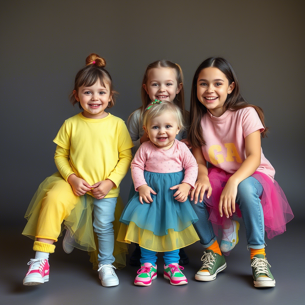 Young models happily playing with colorful kids’ clothing
