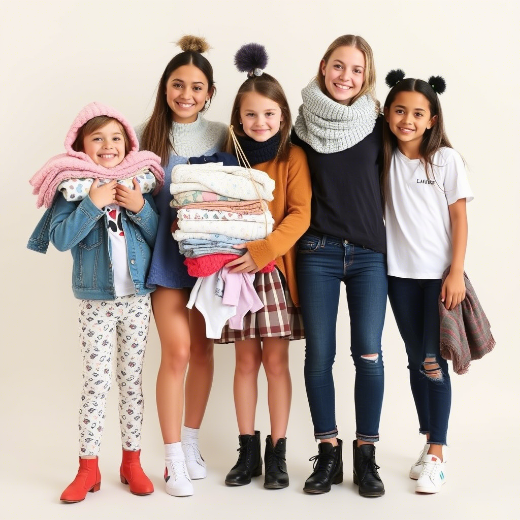 Young models posing with trendy kids’ clothing bundles
