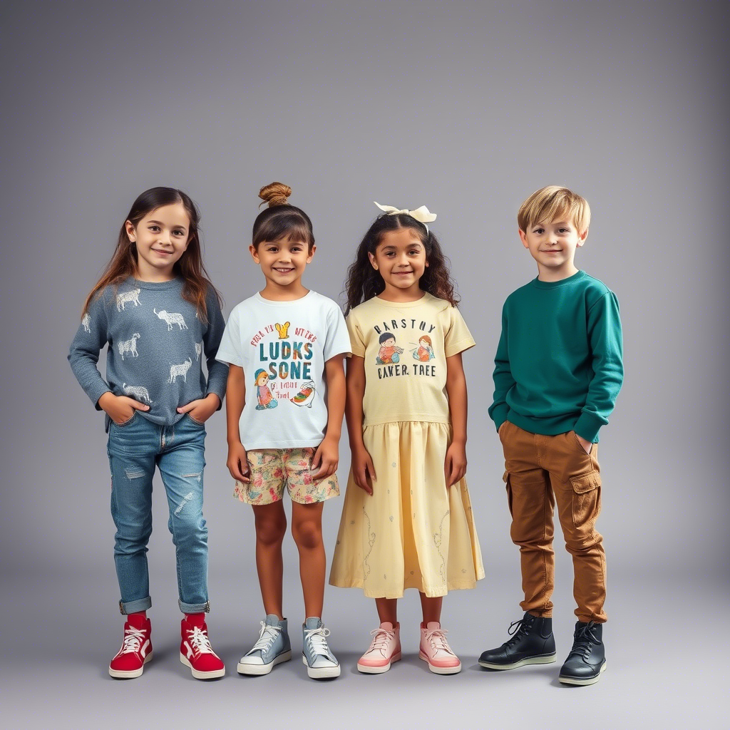 Young models showcasing affordable kids’ clothing in studio