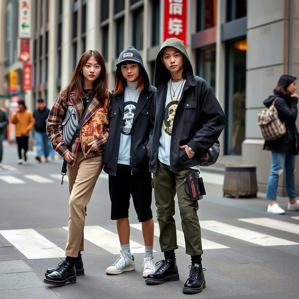 Young models showcasing Chinese streetwear fashion on Shanghai streets