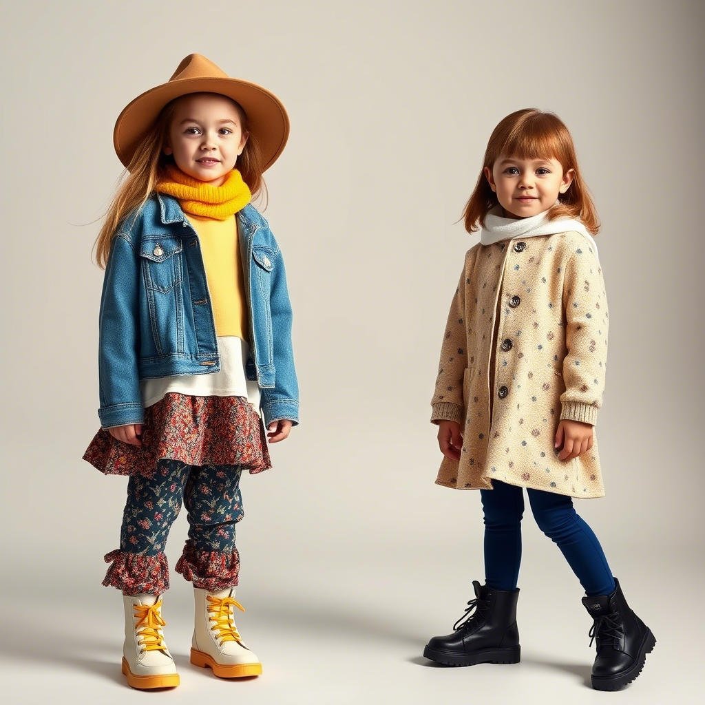 Young models showcasing latest children’s fashion in a studio backdrop