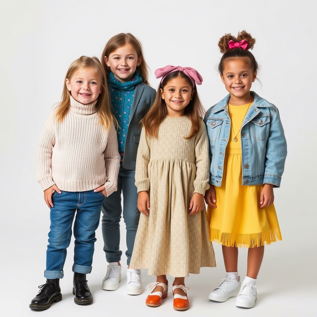 Young models showcasing latest children’s fashion trends with bright smiles