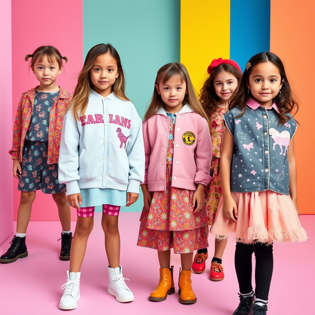 Young models showcasing latest kids’ fashion trends in a colorful setting