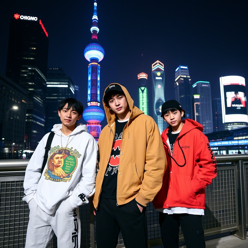 Young models showcasing latest streetwear trends in Shanghai cityscape