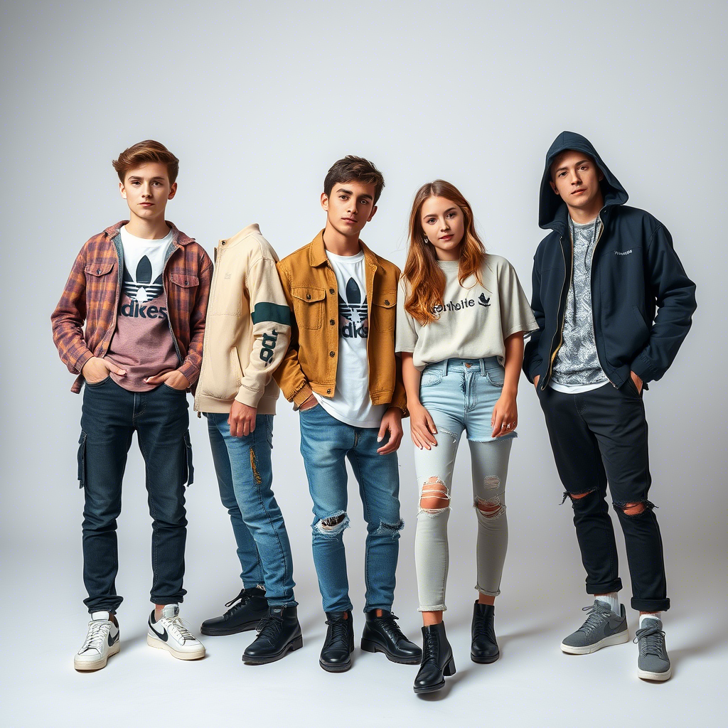 Young models showcasing trendy boys and girls clothing in a studio