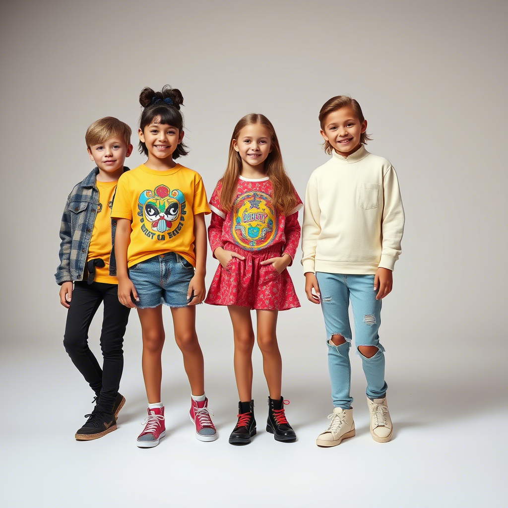 Young models showcasing trendy kids’ fashion in a bright studio