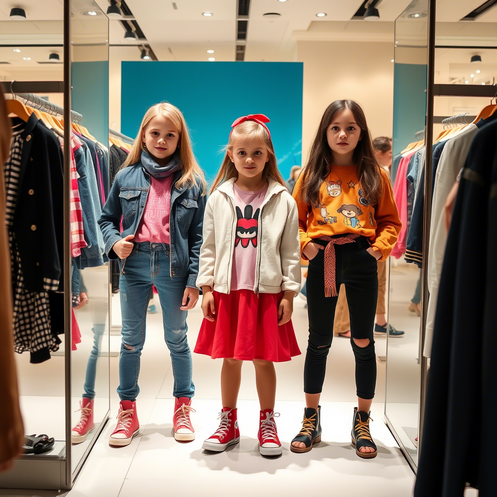 Young models showcasing trendy kids’ fashion in a store display
