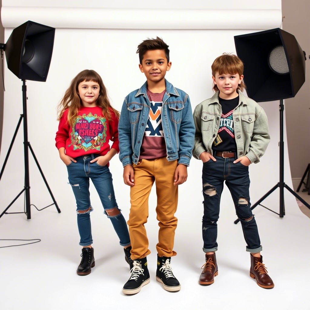 Young models showcasing trendy kids’ fashion in a studio