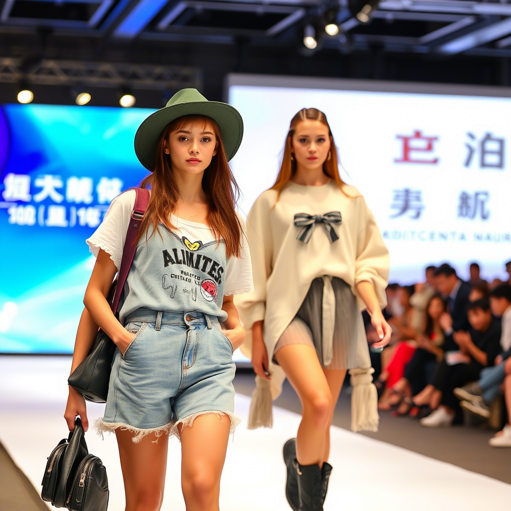 Young models showcasing trendy outfits at a Chinese fashion wholesale event