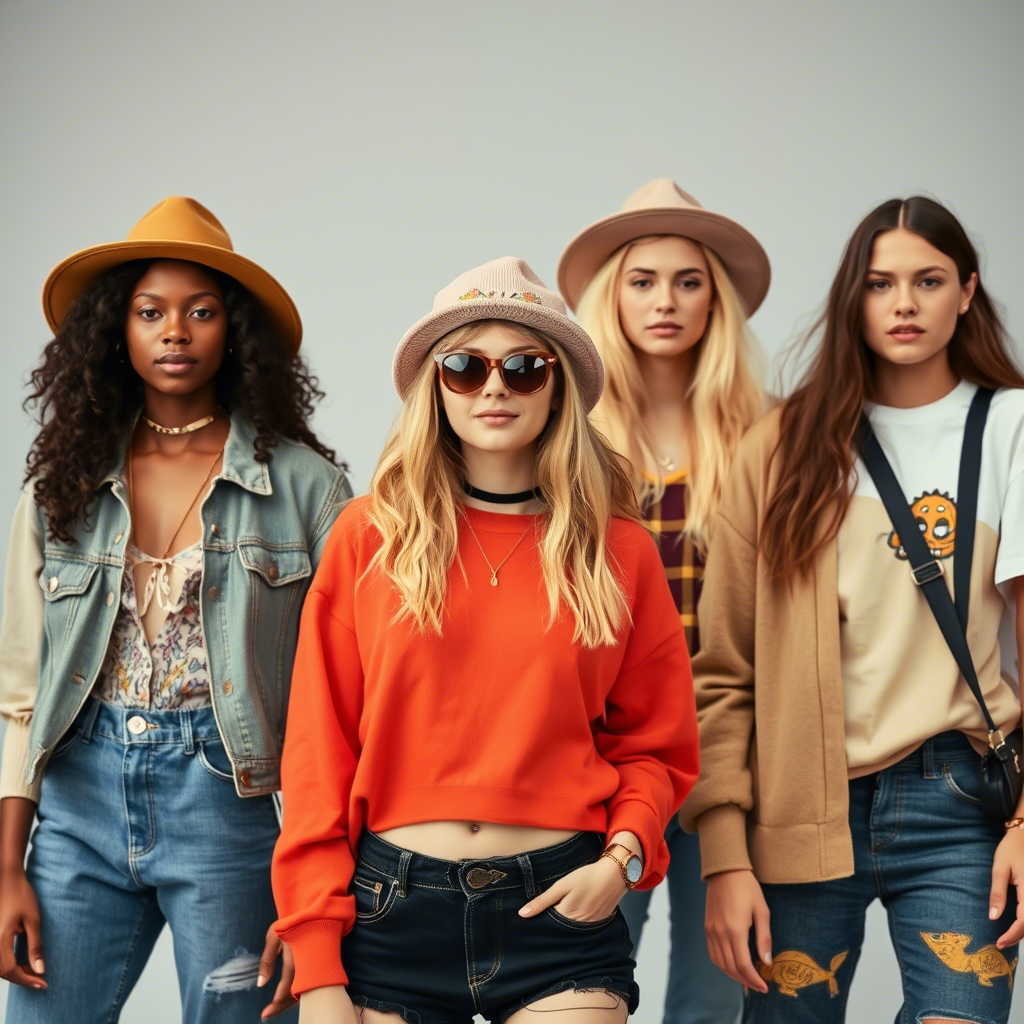 Young models showcasing trendy outfits in a playful setting
