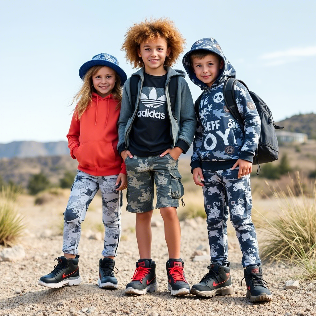 Young models showcasing trendy wholesale kids’ apparel outdoors