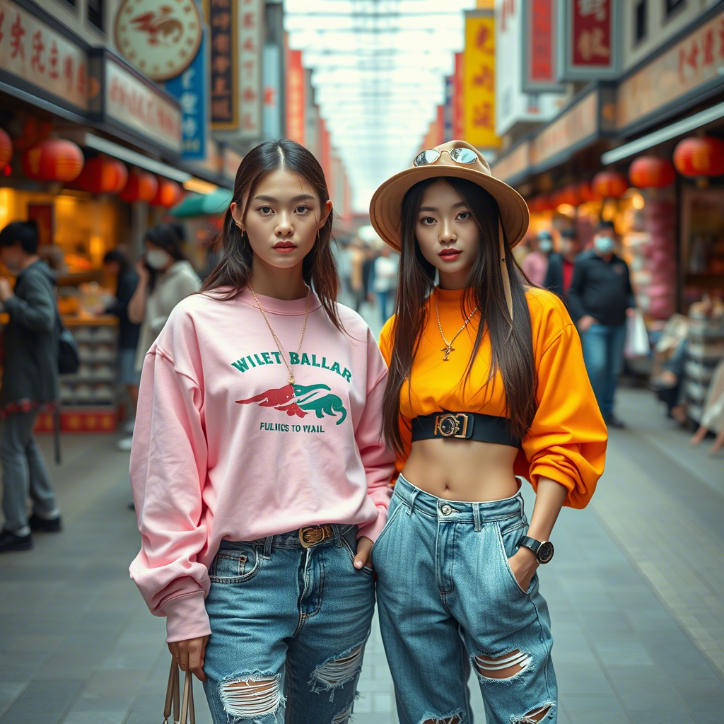 Young models showcasing vibrant streetwear in a bustling Chinese market