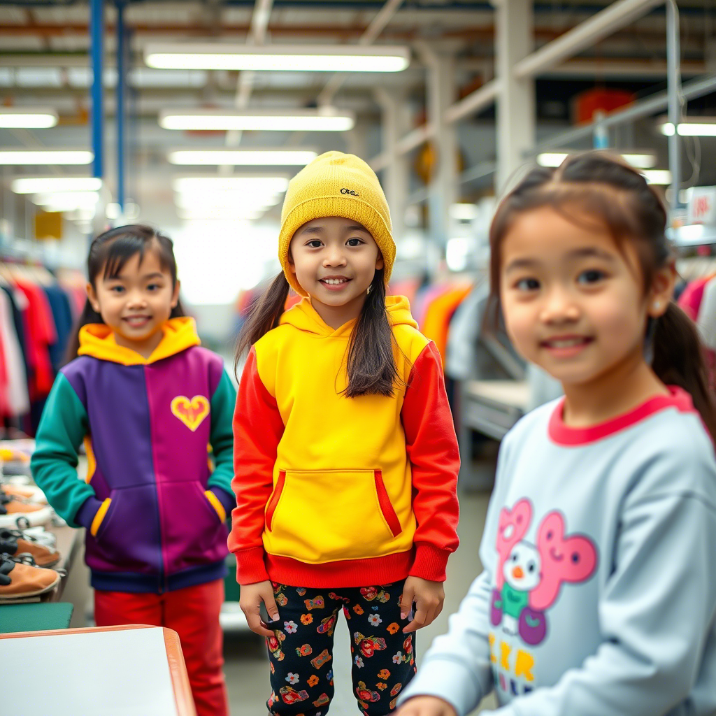 Young models wearing colorful kids clothing in a Chinese factory