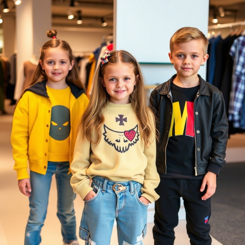 Young models wearing trendy kids’ clothing in a wholesale showroom