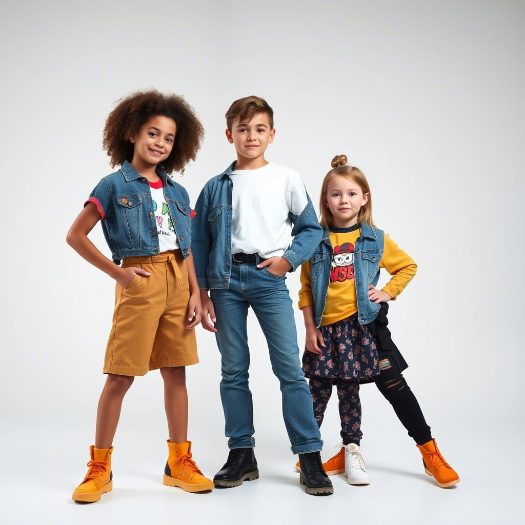 Young models wearing trendy kids clothing posing for a fashion photo shoot