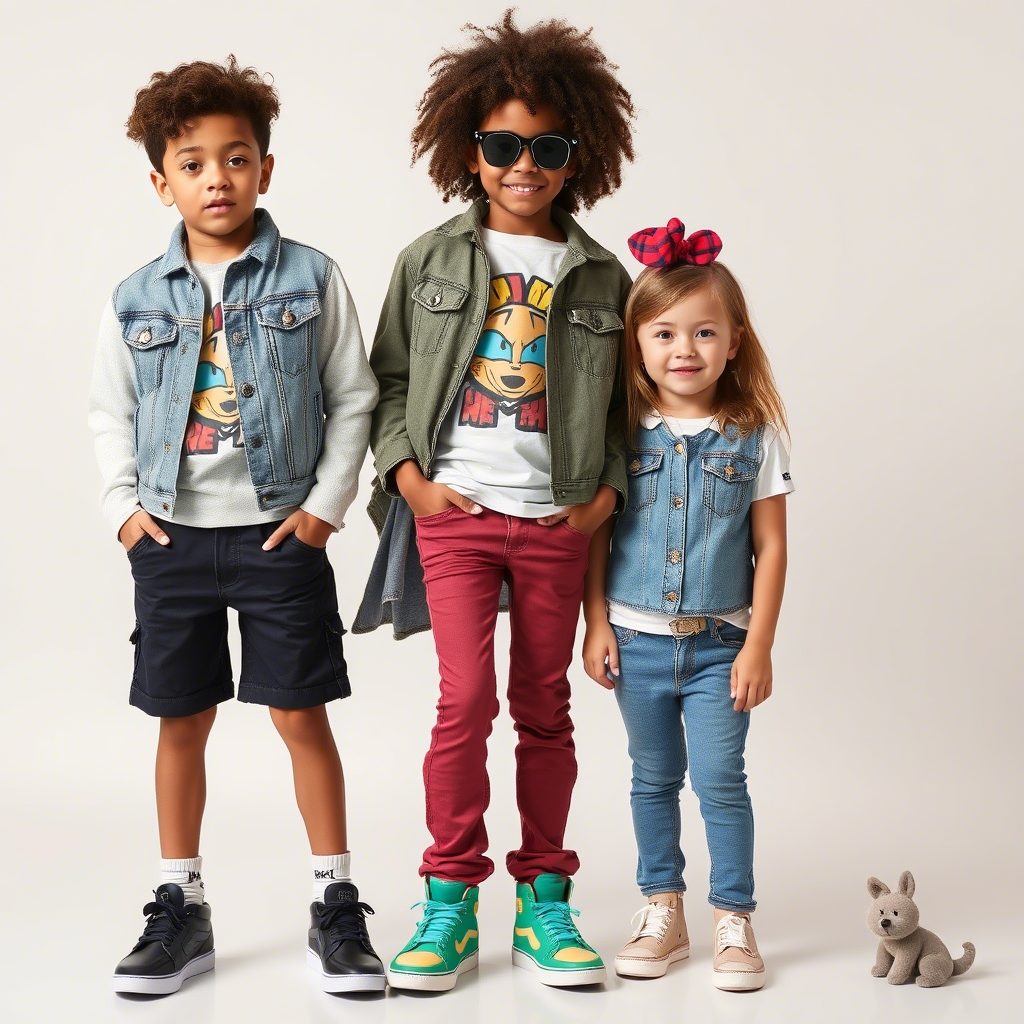 Young models wearing trendy kids’ fashion apparel