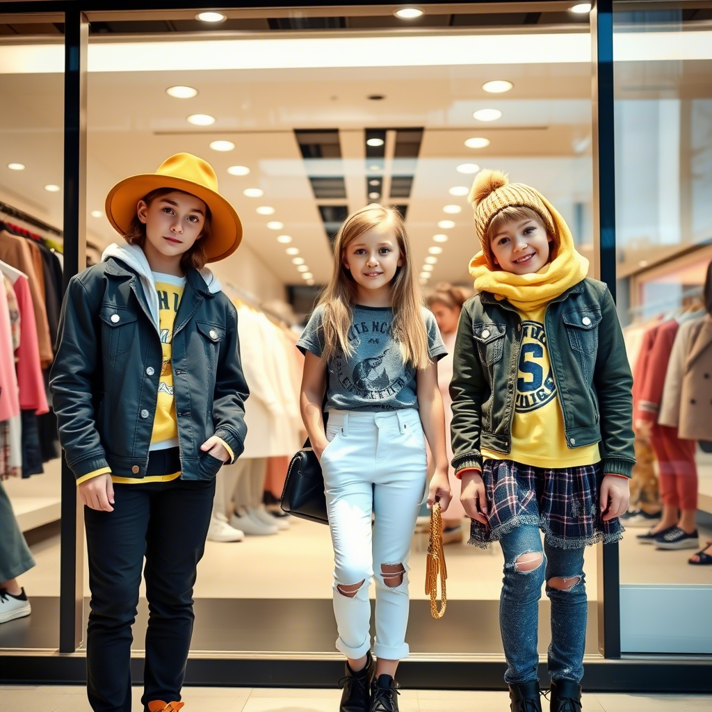 Young models wearing trendy kids’ fashion in a storefront showcase