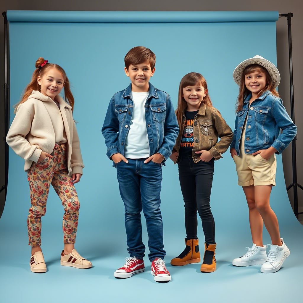 Young models wearing trendy kids’ outfits posing on a studio backdrop