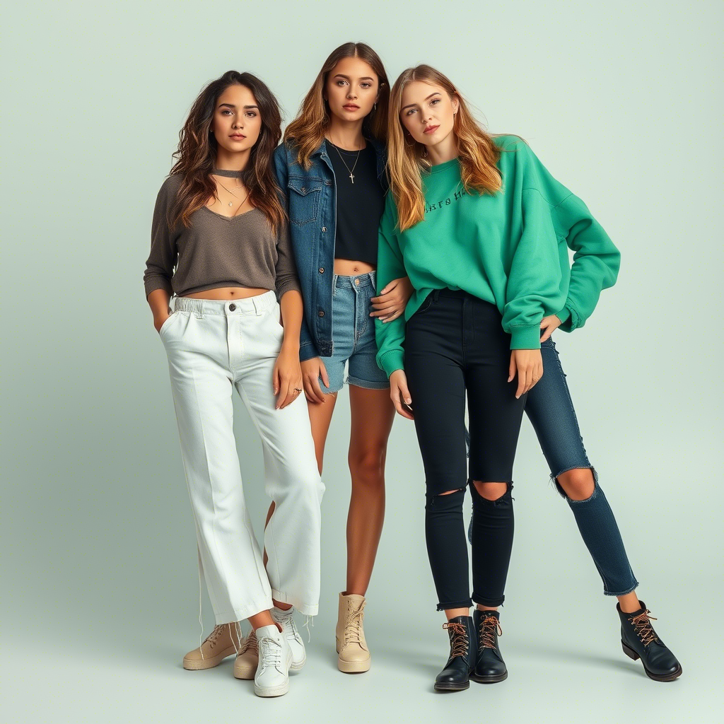 Young models wearing trendy outfits for online store showcase