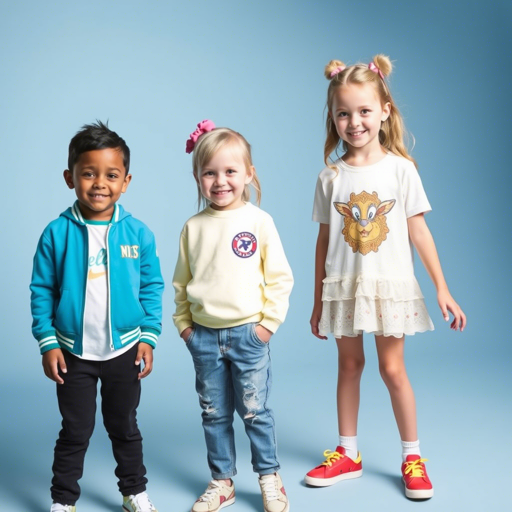 Young models wearing trendy outfits from popular kids’ clothing brands