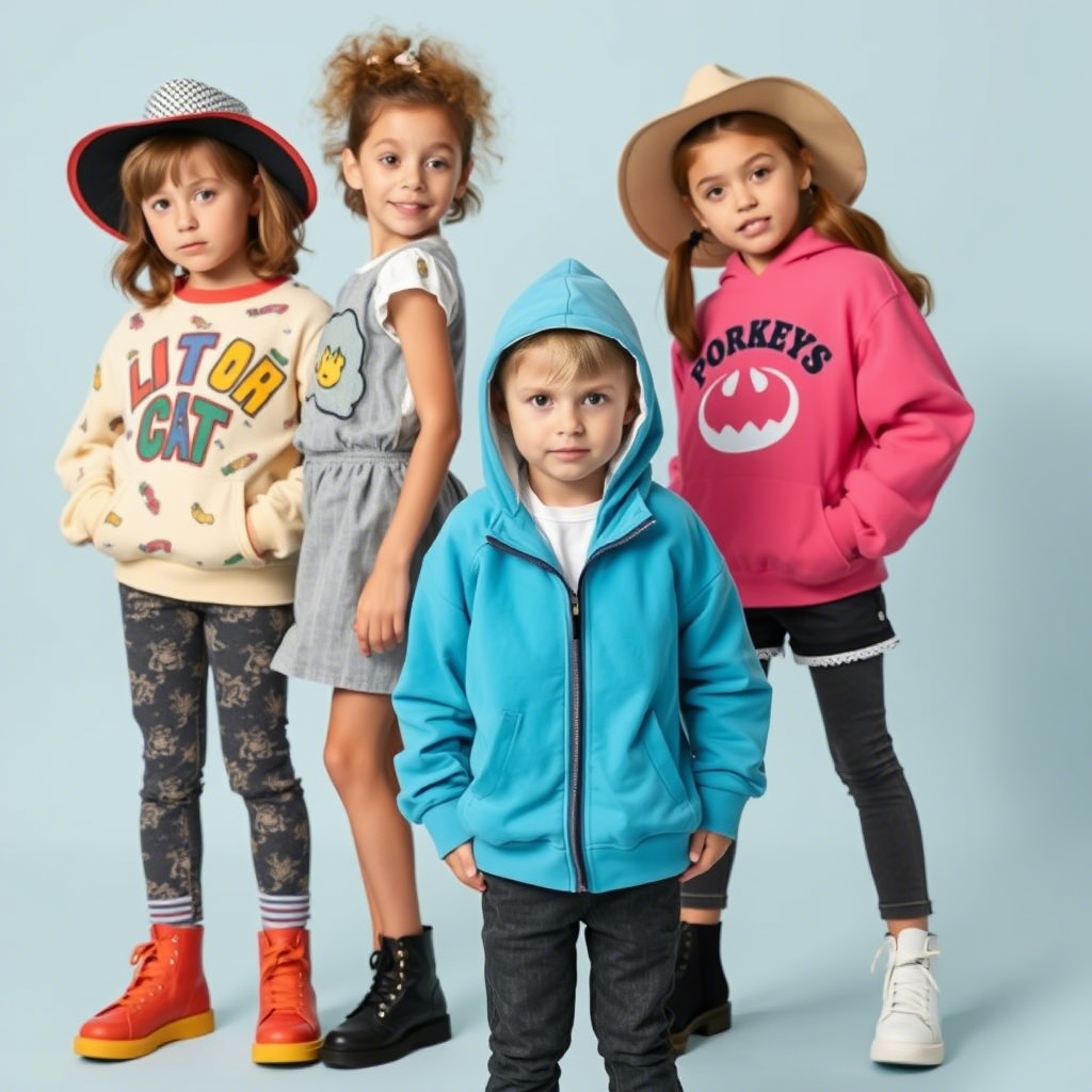 Young models wearing trendy outfits from popular kidswear brands