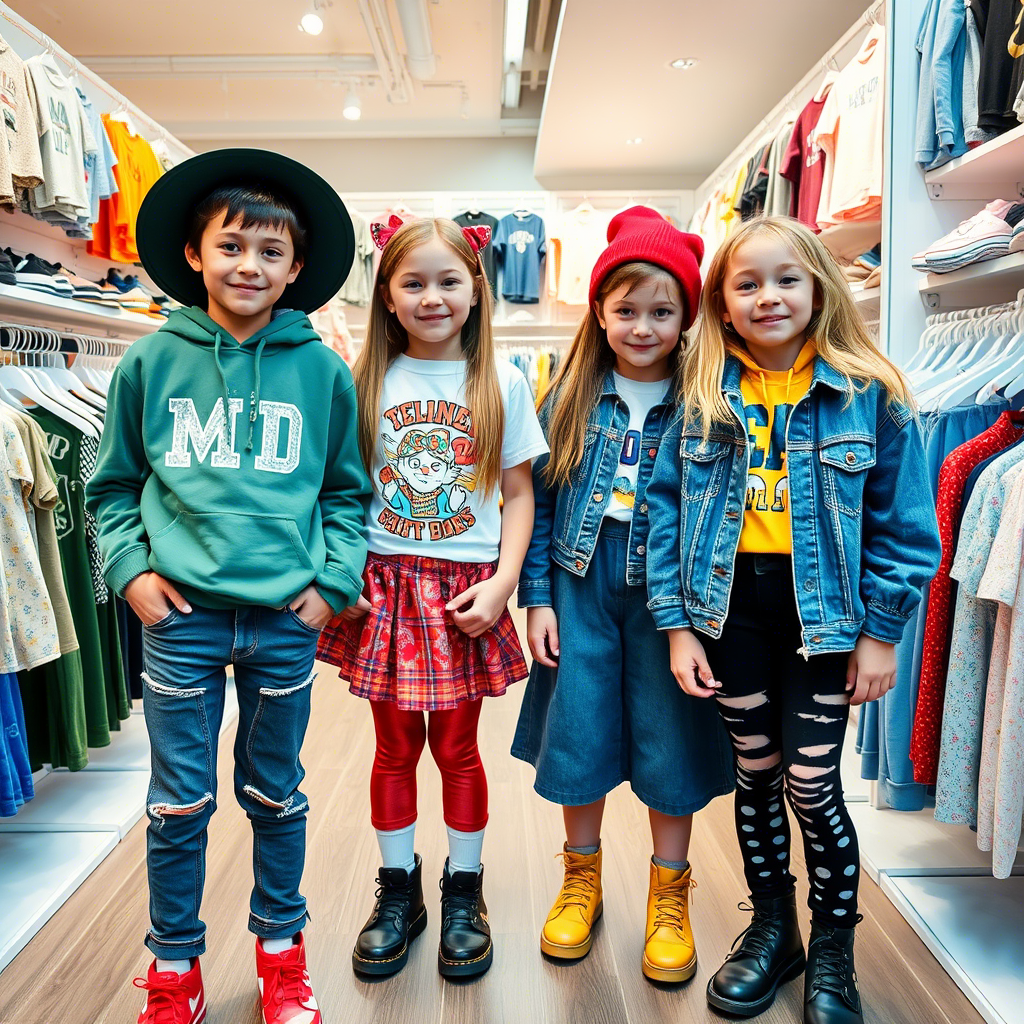 Young models wearing trendy outfits in a wholesale kids clothing store