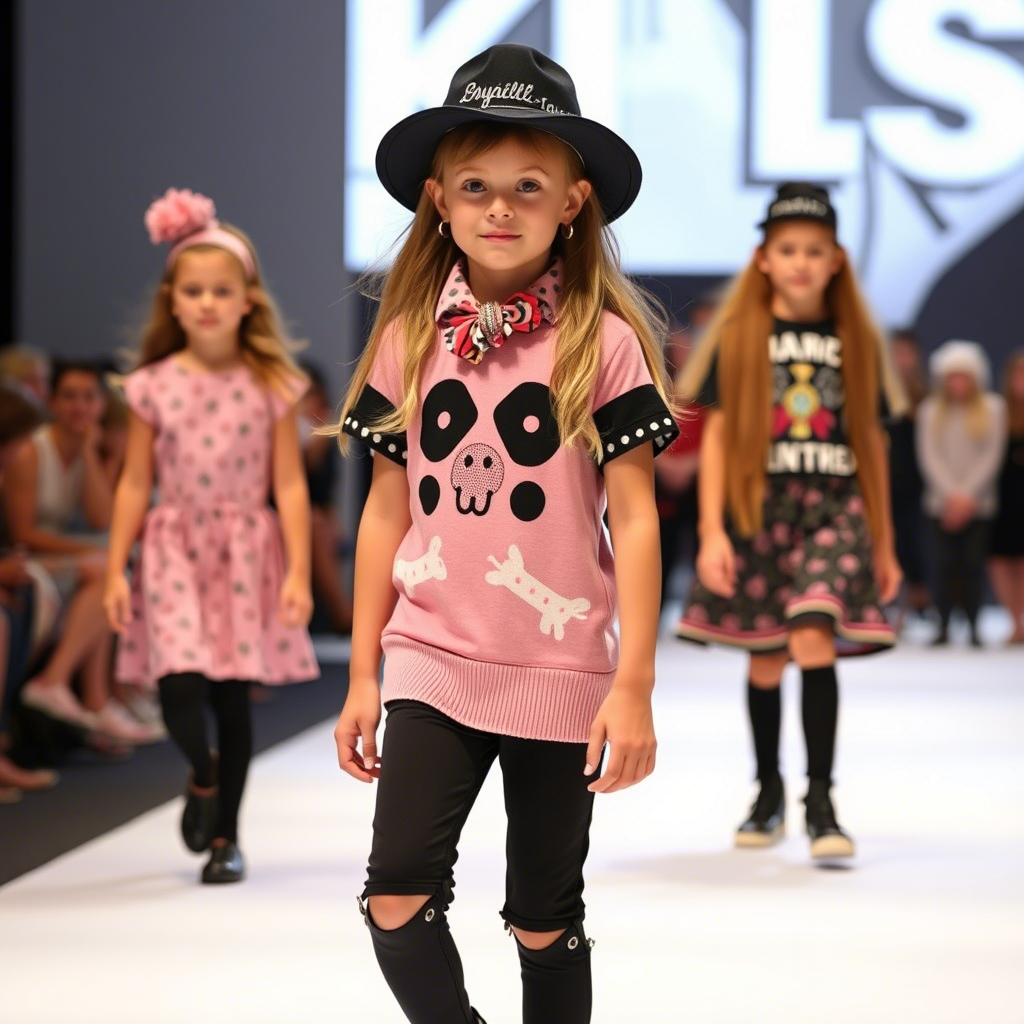 Young models wearing trendy outfits on a fashion catwalk for kids’ clothing brand