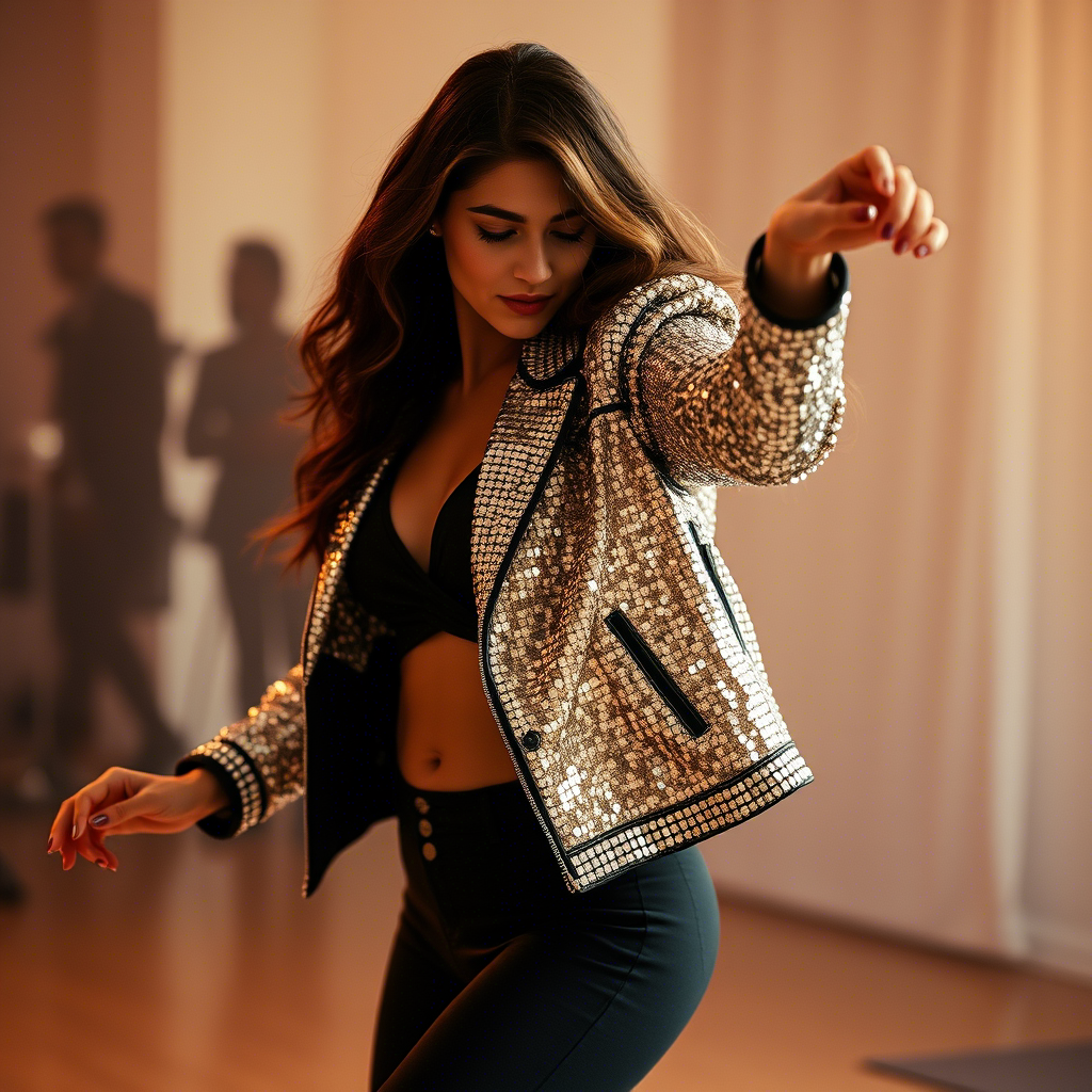 Young woman dancing in a shimmering sequined jacket