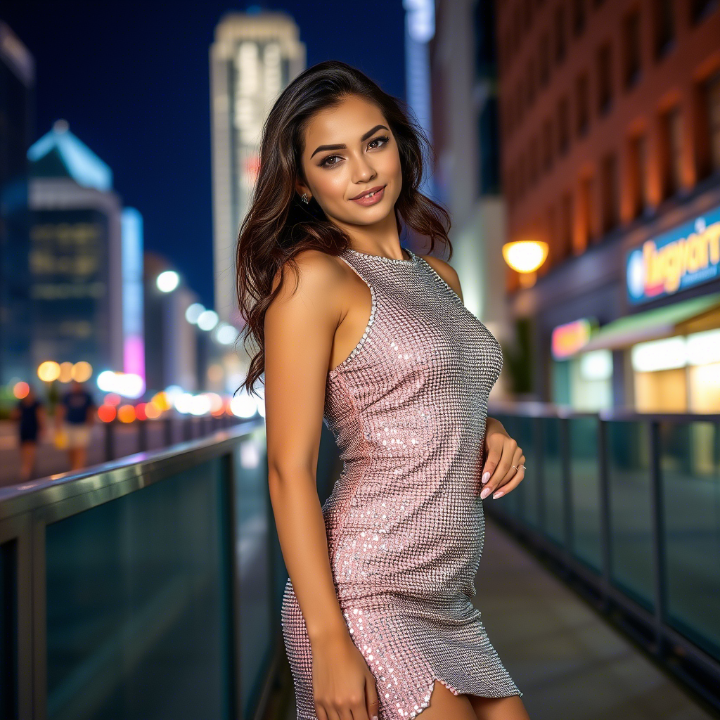 Young woman posing in a dazzling sequin dress for a night out in the city