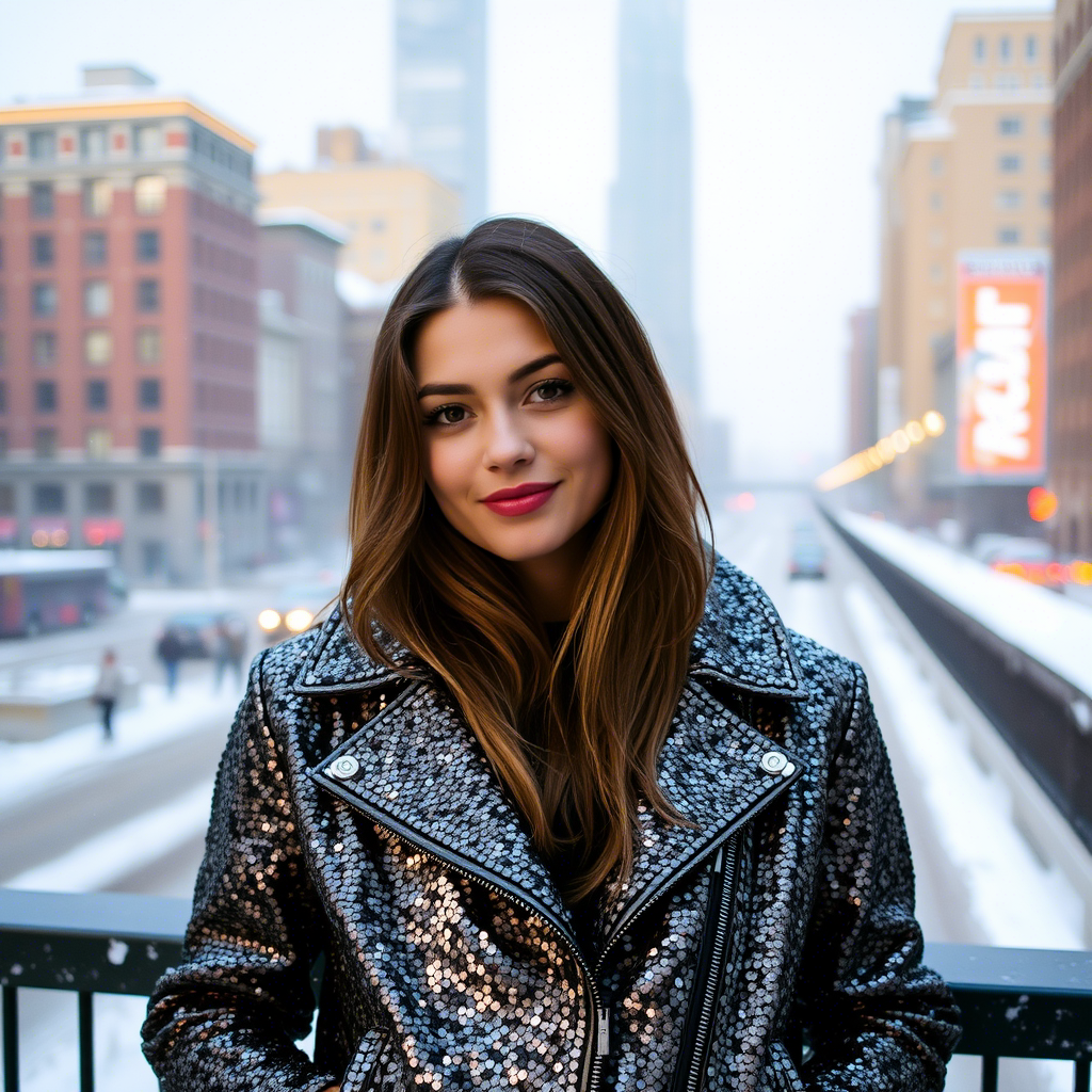 Young woman posing in stylish sequined jacket against snowy city backdrop