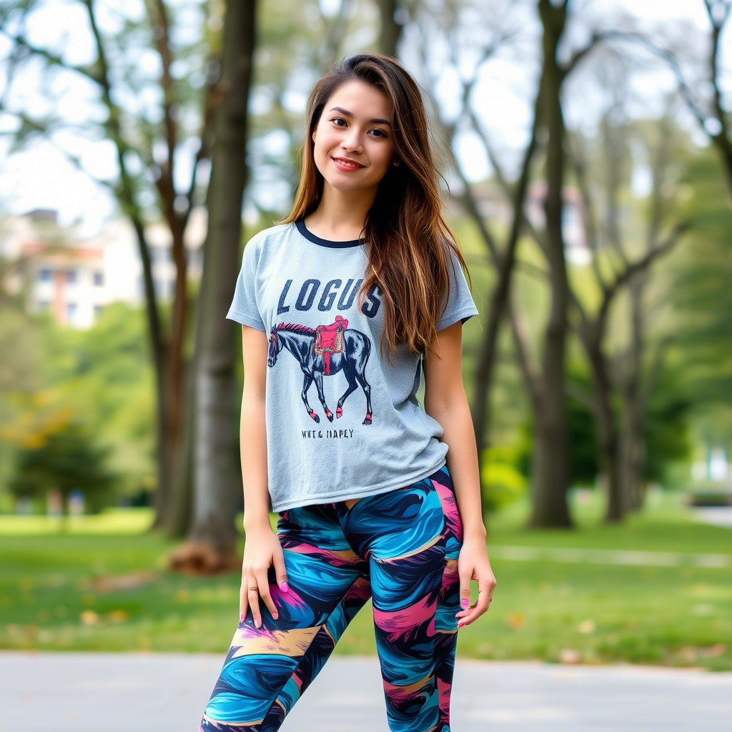 Young woman wearing colorful leggings and a casual graphic top, posing in a park