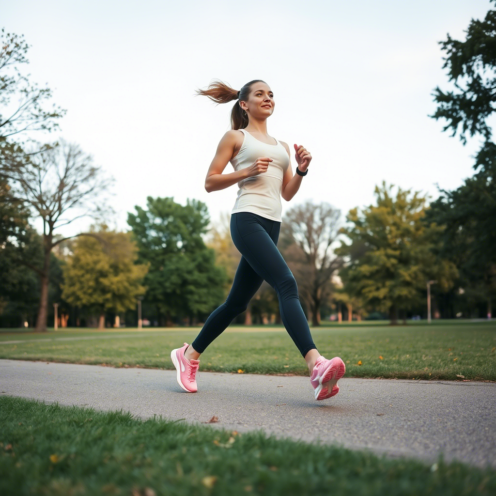 Young woman wearing leggings and sneakers jogging in the park