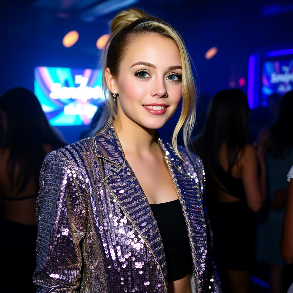 Young woman wearing sparkling sequined jacket at night club