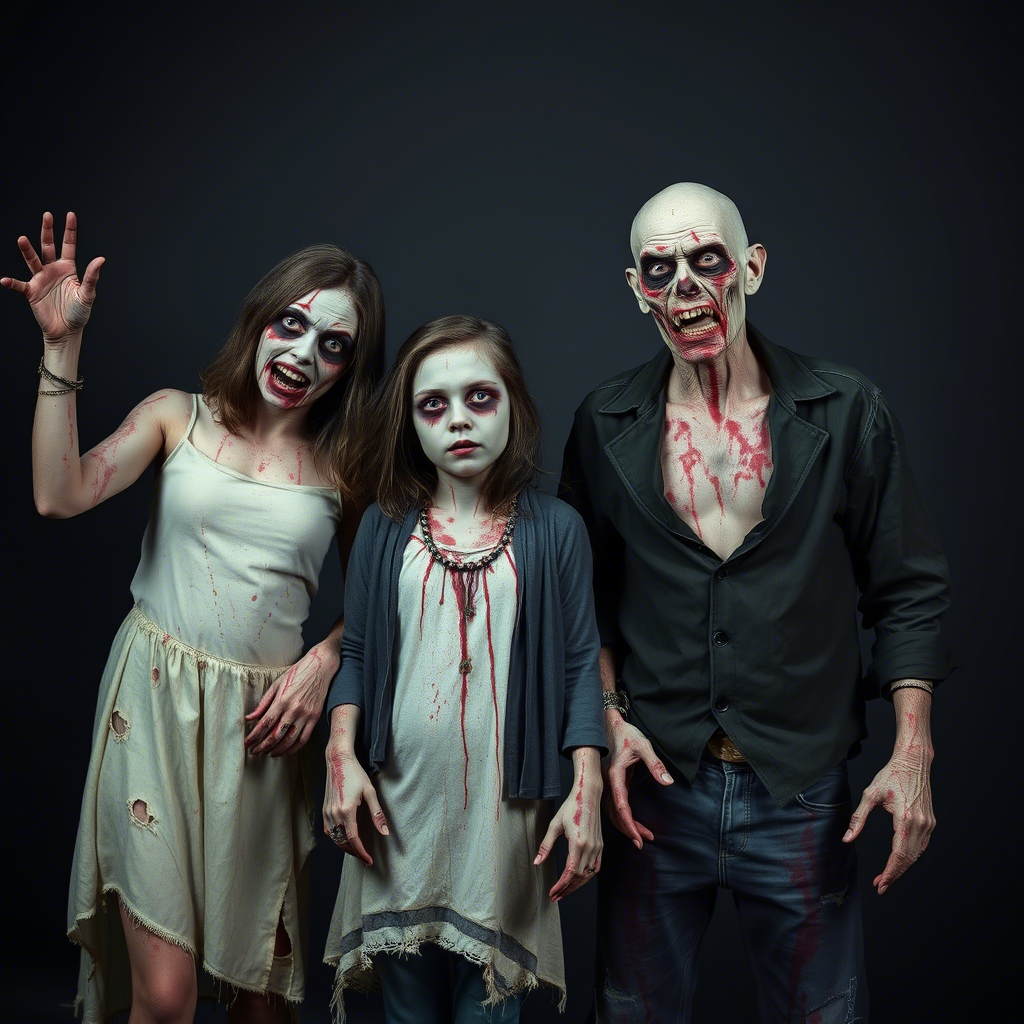 Zombie family with torn clothes and fake blood